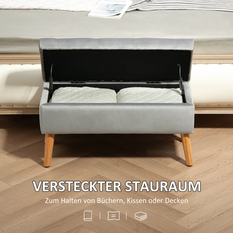 HOMCOM Gestoffeerde Bank met Opbergruimte, Stoffen Bekleding in Fluweel Optiek, Houten Poten, voor Woonkamer, Slaapkamer, Hal, 80 x 35 x 42 cm, Grijs(m-4)