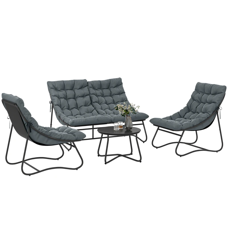 Outsunny 4-persoons tuinmeubelset, 2 stoelen, 1 dubbelsofa, 1 tafel met glasplaat, dikke kussens, stalen frame, voor terras, Grijs