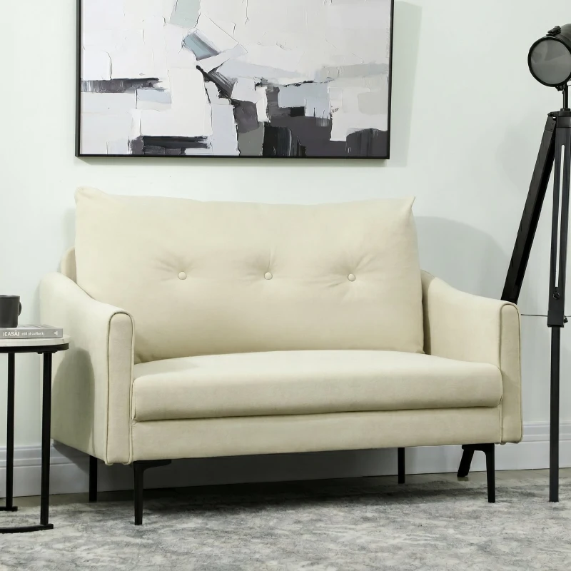 HOMCOM Canapea cu 2 Locuri Modernă cu Spătar Matlasat cu Butoane și Acoperire în Velluto, 124x73x92 cm, Crem
