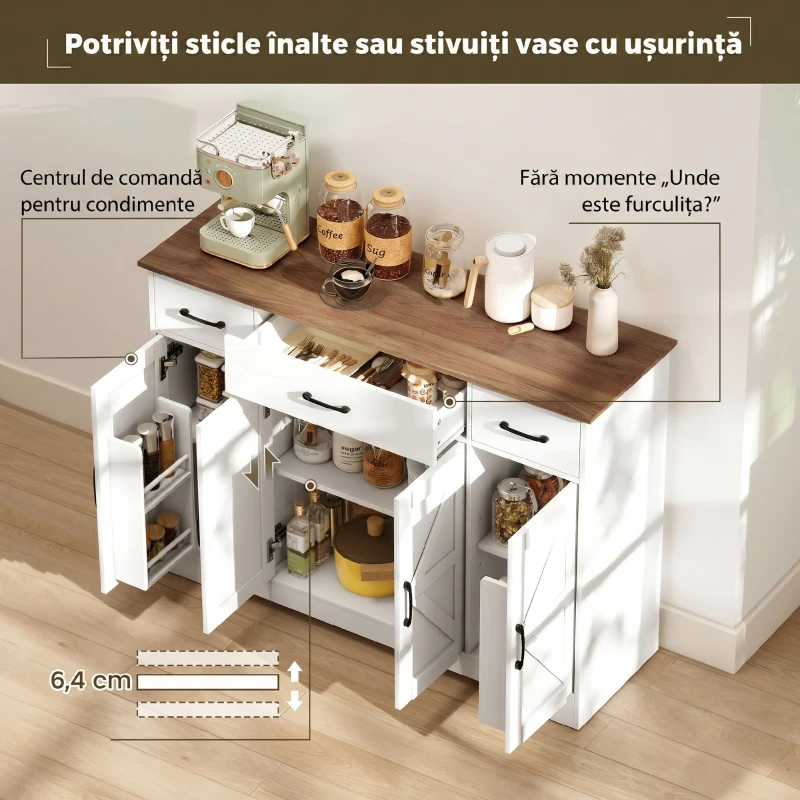 HOMCOM Bufet Bucătărie Rustic, Bufet cu Uși Soft-Close, 3 Sertare, 3 Rafturi Reglabile, Portaspecii, PAL, MDF, Alb