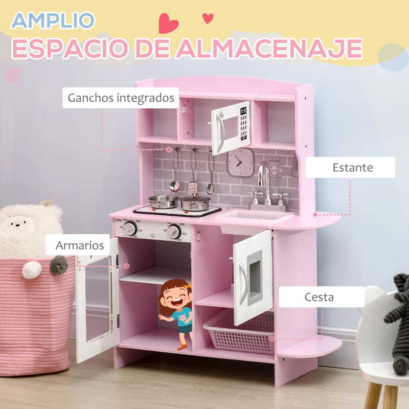 HOMCOM Cocina de Juguete de Madera para Niños de +3 Años Cocinita de Juguete con Luz y Sonidos 70x29x90 cm Rosa