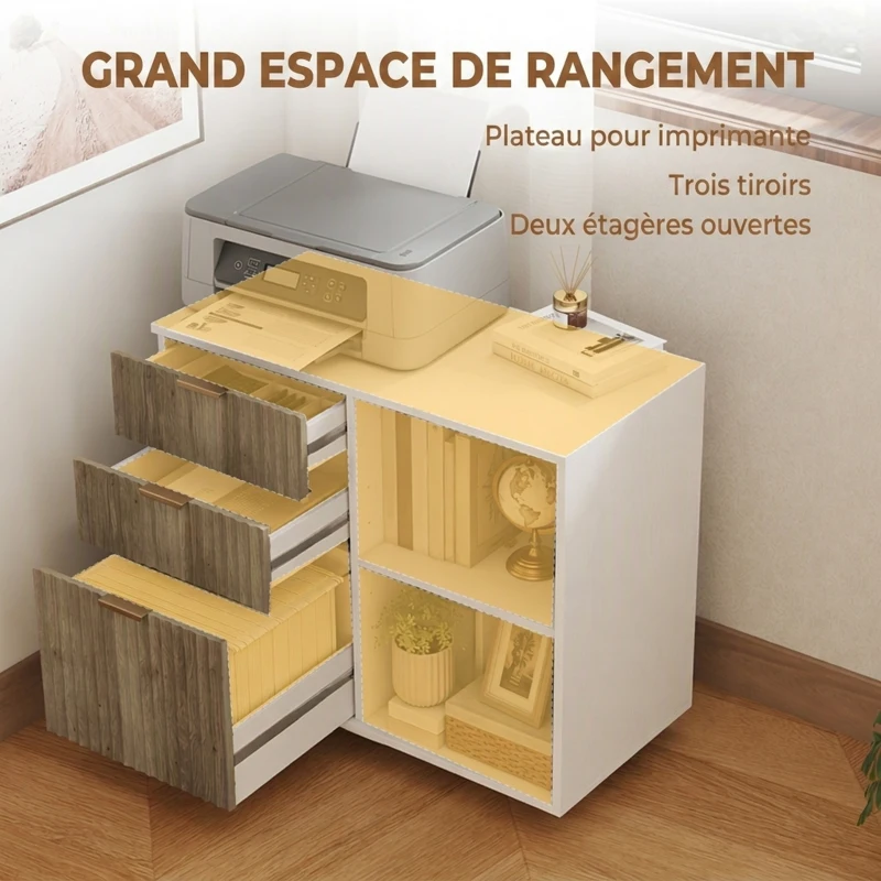 HOMCOM Support d'Imprimante sur Roulettes, 3 Tiroirs, 2 Étagères Ouvertes, Design Ondulé, 80x40x68cm, Blanc Chêne