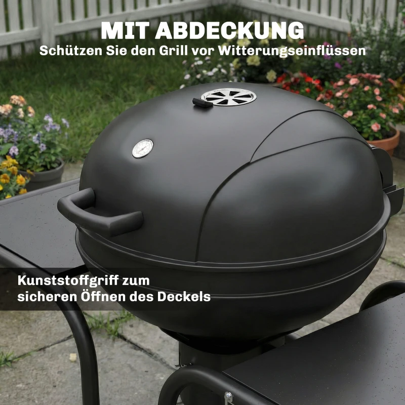 Outsunny Houtskoolbarbecue BBQ Smoker met zijtafels, dekselthermometer en wielen – 129 x 63,5 x 106,5 cm