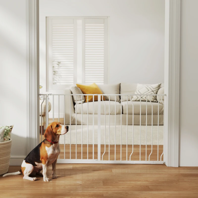 PawHut Barrera de Seguridad de Perros Extensible para Escaleras y Puertas 75-145 cm con 3 Extensiones de 10/20/30 cm Montaje a Presión Altura 76 cm Blanco
