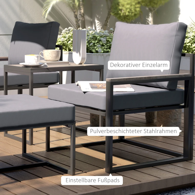 Outsunny Weerbestendige Stalen Tuinmeubelset voor 2 Personen Balkonset met 2 Stoelen, Zitkussens en Bijzettafel - Grijs