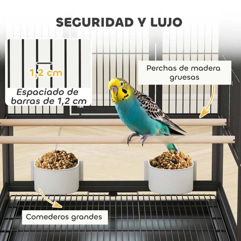 PawHut Jaula para Pájaros con Paneles Acrílicos Comederos Soporte Ruedas y Estante Inferior 48x46x83 cm Negro