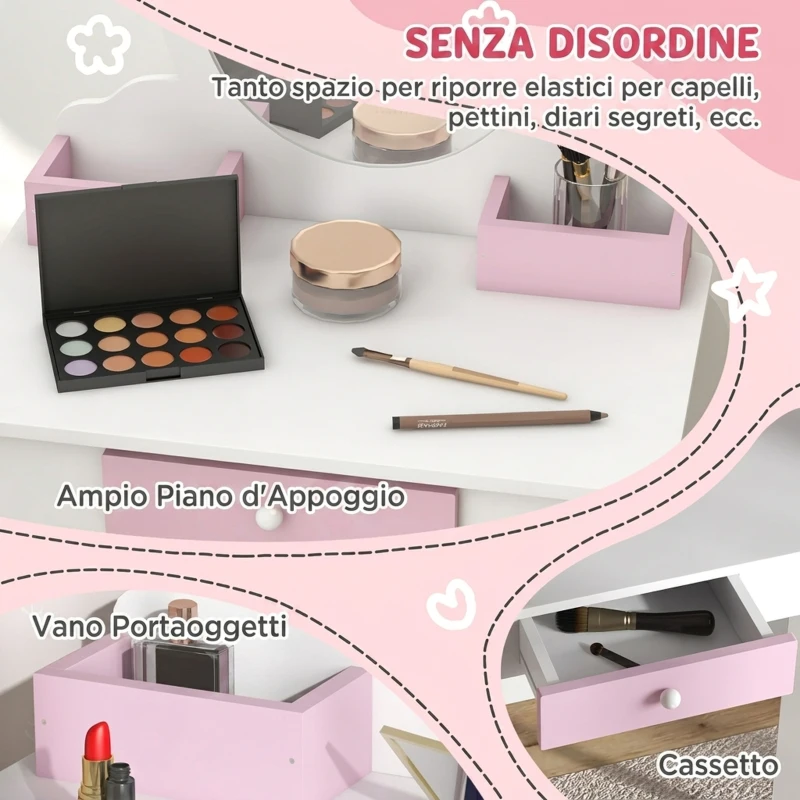 ZONEKIZ Set Toeletta Trucco Bambina con Sgabello, Specchio in Acrilico, 2 Scatole Portaoggetti, Design Unicorno, Rosa