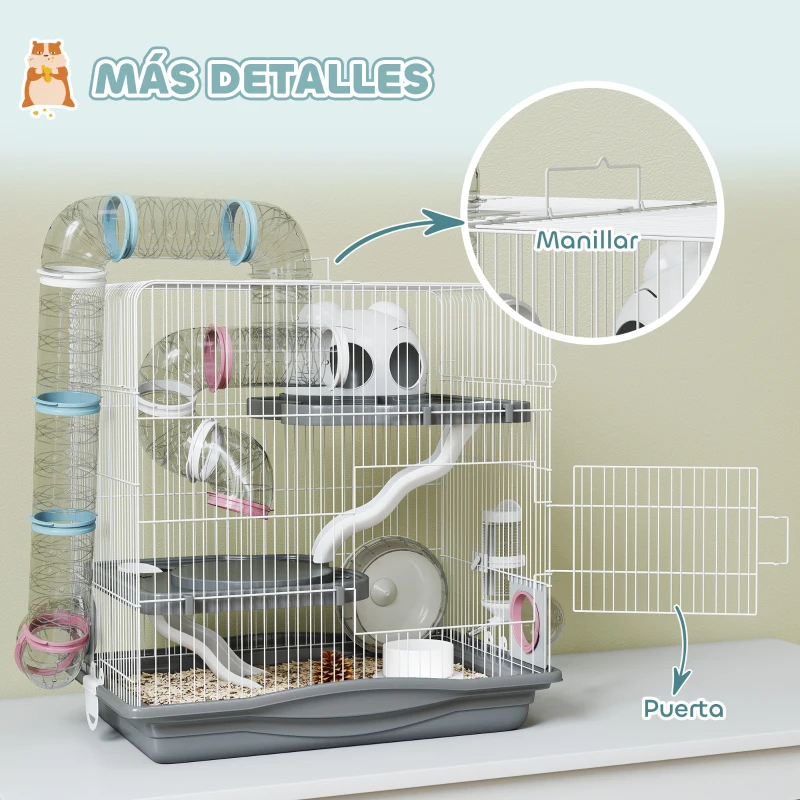 PawHut Jaula para Hámster con Túnel Plataformas Cuenco Bebedero Casita Rampas y Rueda de Ejercicio 45x30x45 cm Gris