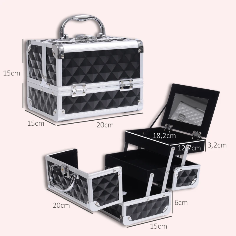 HOMCOM Maletín de Maquillaje Con Espejo Cerradura Varios Compartimientos 20x15x15cm Aluminio Negro