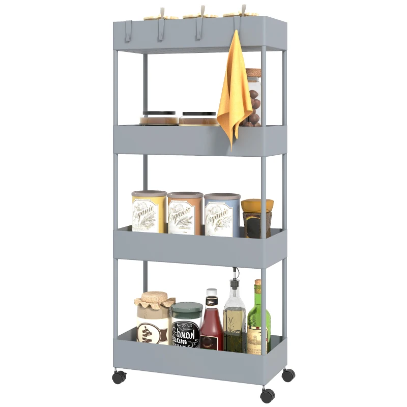HOMCOM Carro de Cocina de 4 Niveles Carrito Auxiliar con Ruedas 4 Cestas y 4 Ganchos Extraíbles para Salón 40x19x90 cm Gris