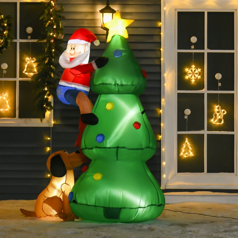 HOMCOM Albero di Natale Gonfiabile 180cm con Babbo Natale, Cagnolino e Luci LED, Decorazione Natalizia da Esterno