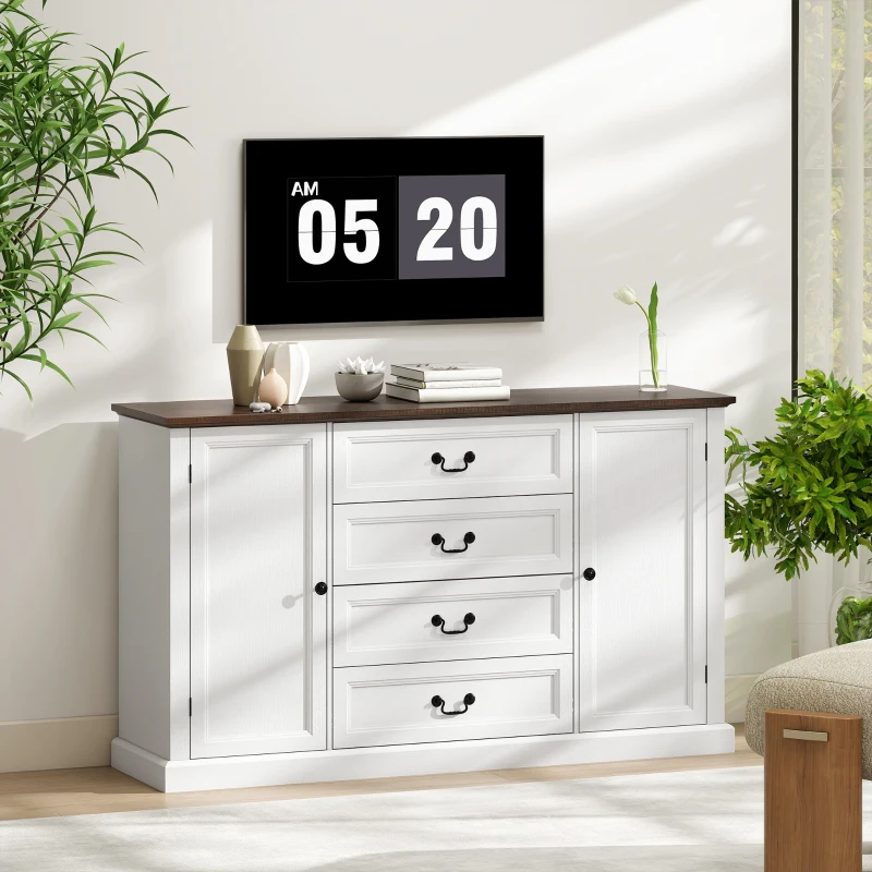 HOMCOM Credenza da Cucina Stile Vintage con 4 Cassetti e 2 Armadietti con Mensole Regolabili, 147x40x87, Legno Bianco