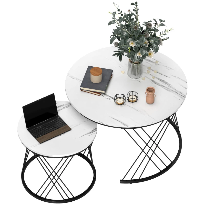 HOMCOM Set van 2 Salontafels, Marmerlook, Spaanplaat, Metaal, Ronde Koffietafels voor Woonkamer, In elkaar te plaatsen, Wit