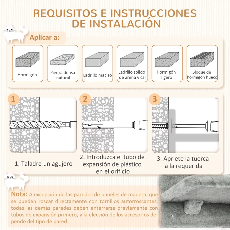 PawHut Juego de Pared de Escalada para Gatos de 3 Piezas con Hamaca Rampa con Rascador Plataforma en Forma de Nube Gris