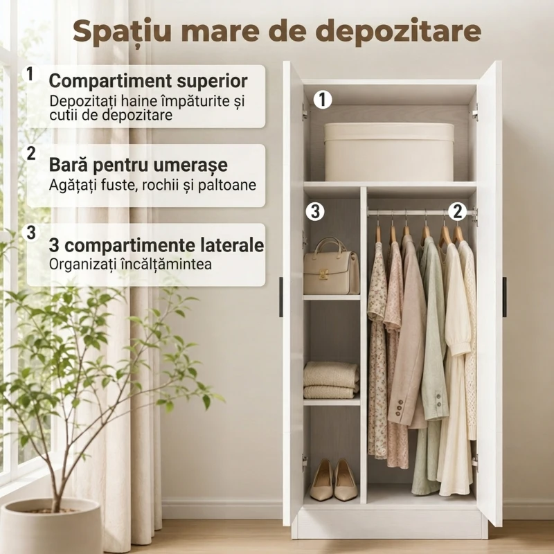 HOMCOM Dulap pentru dormitor slim 2 uși, închidere amortizată, bară pentru umerașe și rafturi, PAL, 70 x 37 x 164cm, alb