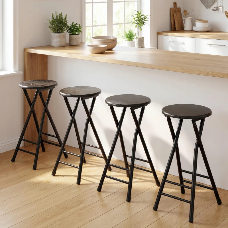 HOMCOM Set 4 Sgabelli Bar Pieghevoli con Doppio Poggiapiedi, in Legno e Acciaio, 34x30x70 cm, Nero
