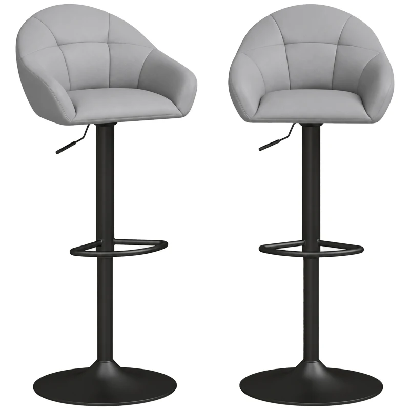 HOMCOM Bar Stools Adjustable Heights Breakfast Bar Stools Backrest Armrests Set of 2 with Rubber Ring Metal Base, Grey