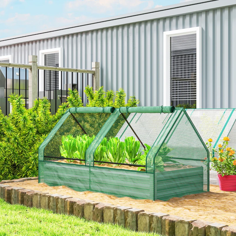 Outsunny Metal Planter Box with Cover, Raised Garden Bed with Greenhouse, for Herbs and Vegetables, Green and Dark Grey