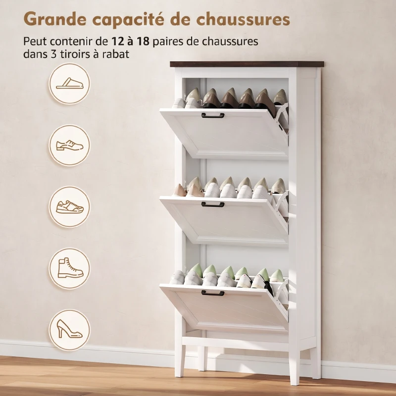 HOMCOM Meuble à chaussures 18 paires, armoire à chaussures étroite avec 3 tiroirs rabattables et étagères réglables, blanc