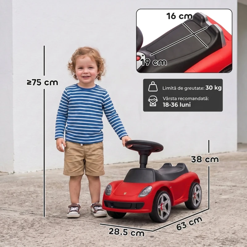 AIYAPLAY Mașinuță de Împins pentru Copii cu Licență Porsche, Claxon, Faruri și Sunet de Pornire, PP, Roșu