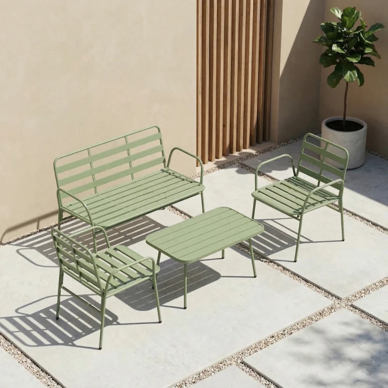 Outsunny Salon de Jardin Extérieur en Acier 4 Pièces, Canapé 2 Places, 2 Fauteuils, Table Basse, à Lattes, 112x60x75cm, Vert