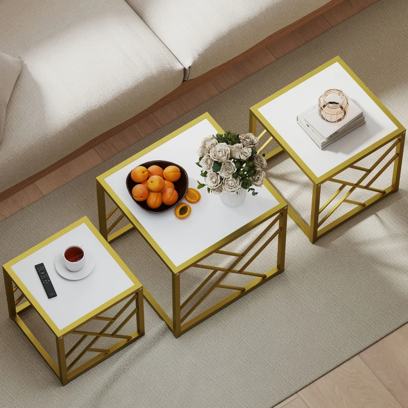 HOMCOM Nesting Coffee Tables, Set of 3 Square Side Tables with Gold Metal Frame, for Living Room, Bedroom and Office, White