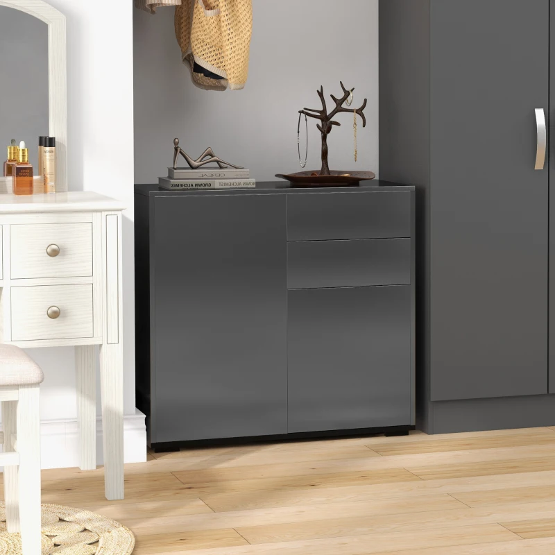 HOMCOM Commode Buffet Meuble de Rangement 2 tiroirs 2 Portes avec étagère 79 x 36 x 74 cm noir brillant