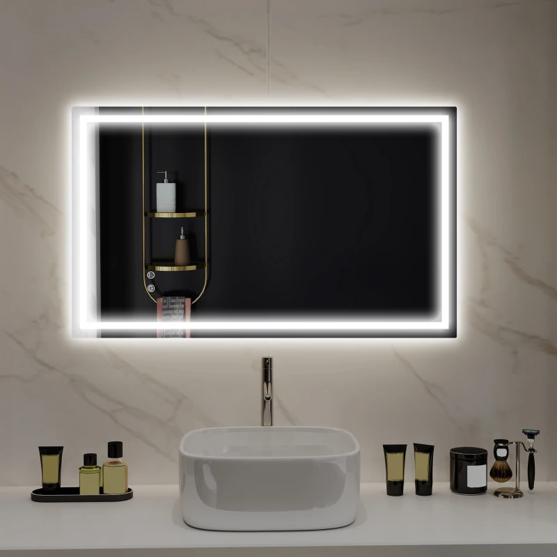 HOMCOM Specchio per Bagno con Luci LED Regolabili a 3 Colori e Strato Antiurto, in Vetro e Metallo, 100x3x60 cm