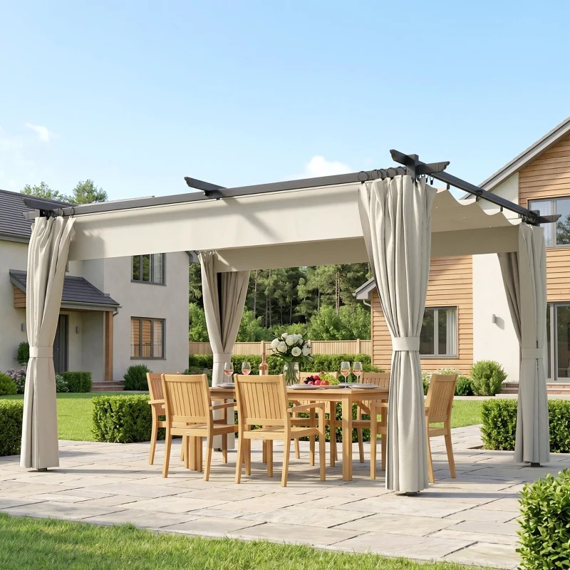 Outsunny Pergola de jardin exterieur 3 x 4 m, toit rétractable et rideaux, anti-UV UPF30+, pour barbecue, patio, terrasse, crème