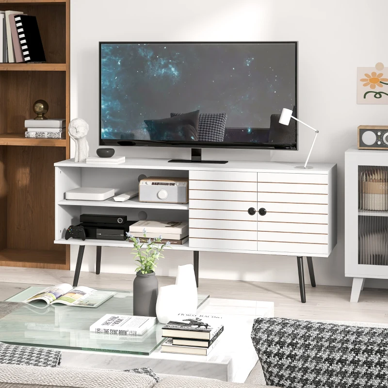 HOMCOM TV Stand with Cupboard, Open Shelves, Striped Doors, Wooden legs, White