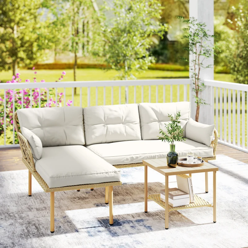 Outsunny Salon de jardin d'angle 4 pers. 3 pièces avec 1 table basse coussins grand confort inclus résine tressée crème