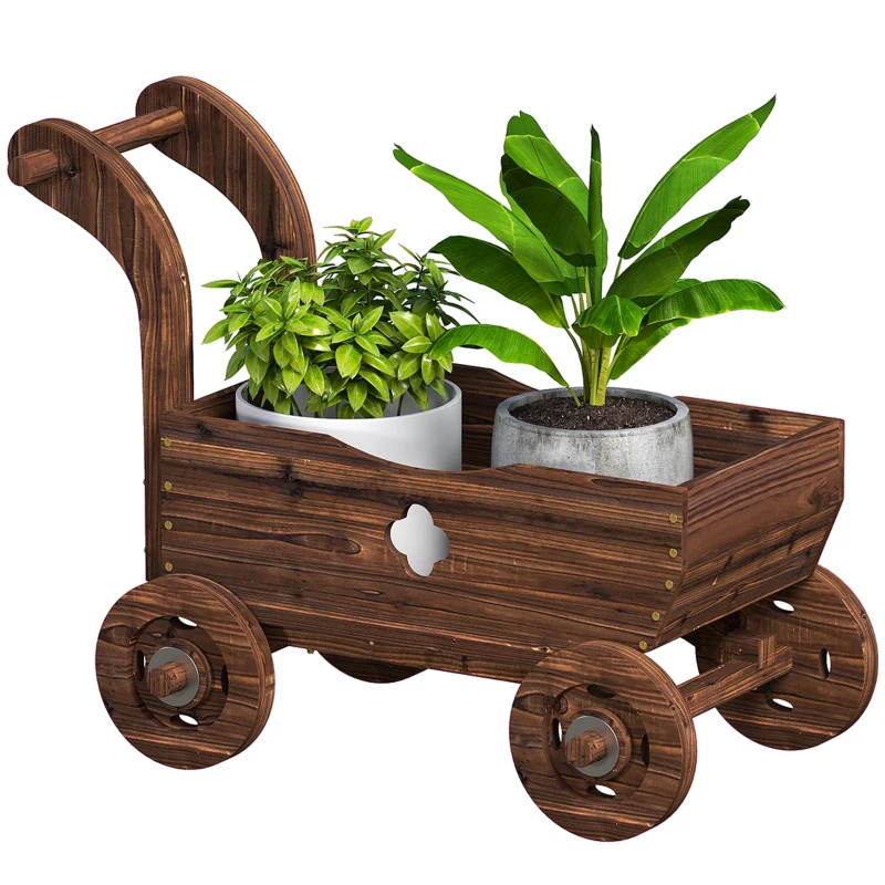 Outsunny Carretilla de Madera Decorativa Jardinera Elevada con 4 Ruedas Asa Orificios de Drenaje 68x38x52 cm Carbonizado