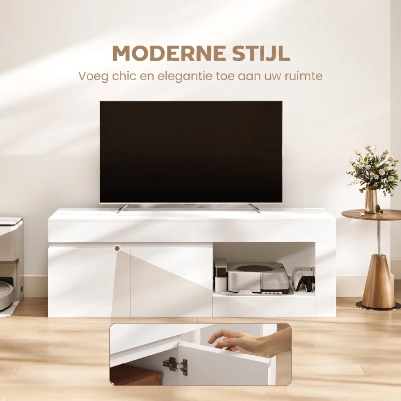 HOMCOM Modern TV-lowboard voor de woonkamer met 2 deuren, open vak en grepen, voor televisies tot 152 cm, 140 x 40 x 48 cm, Wit