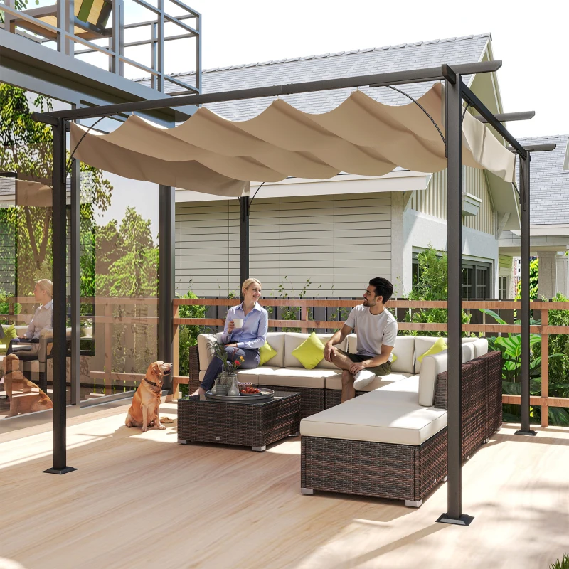 Outsunny Pergola Zonwering 3x3m Waterdichte Tuin Paviljoen voor Familie in Zwart Beige