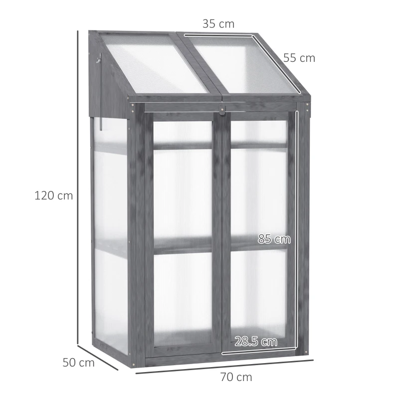 Outsunny Wooden Cold Frame Polycarbonate Greenhouse with Openable Top Cover and Double Door, Grow House for Flower, Vegetable and Plants, 70 x 50 x 120cm, Grey