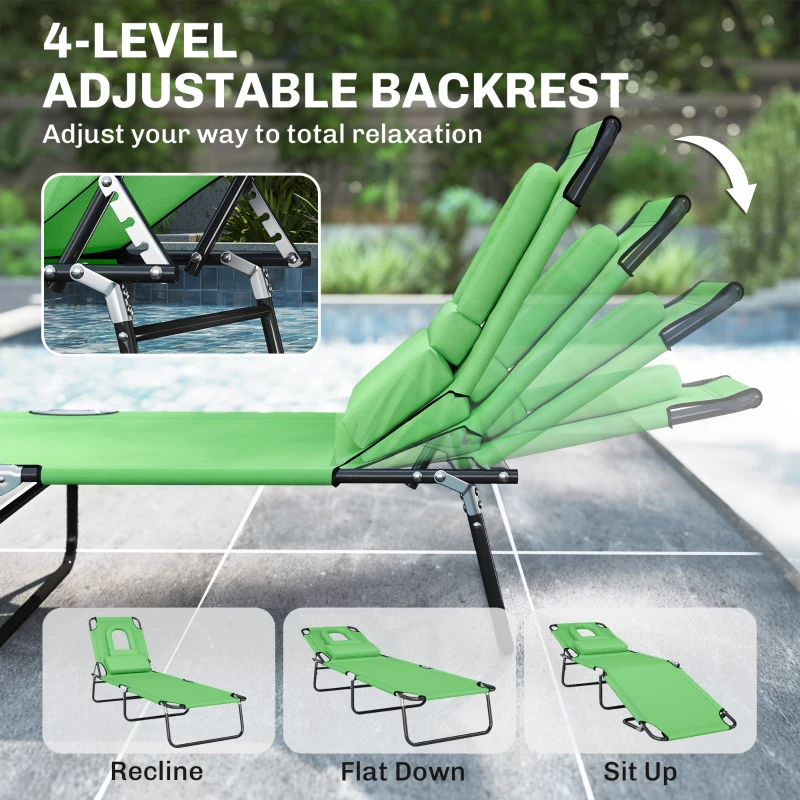 Outsunny Folding Sun Lounger with Face Hole, 4-Position Adjustable Backrest Garden Recliner Chair Sunbed, Outdoor Lounge Chair with 600 D Oxford Cloth Seat, Pillow for Beach, Green