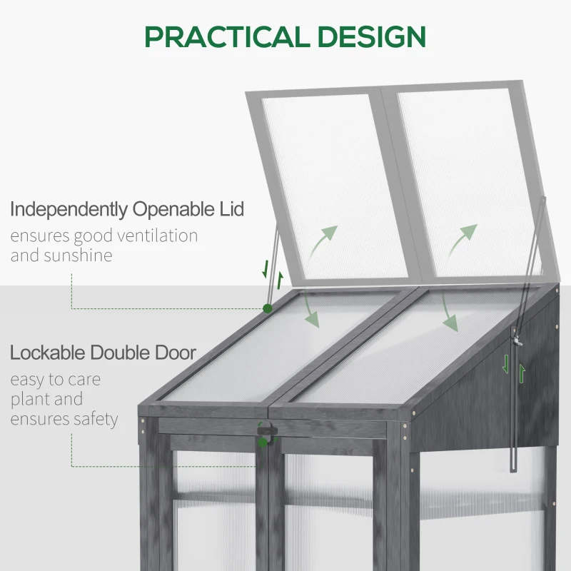 Outsunny Wooden Cold Frame Polycarbonate Greenhouse with Openable Top Cover and Double Door, Grow House for Flower, Vegetable and Plants, 70 x 50 x 120cm, Grey