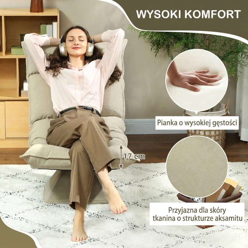 HOMCOM Krzesło podłogowe obrotowe o 360° z 5-stopniową regulacją oparcia, składane sofa podłogowa, krzesło medytacyjne, tapicerowane leniwe sofa do salonu, gier i czytania, kolor beżowy