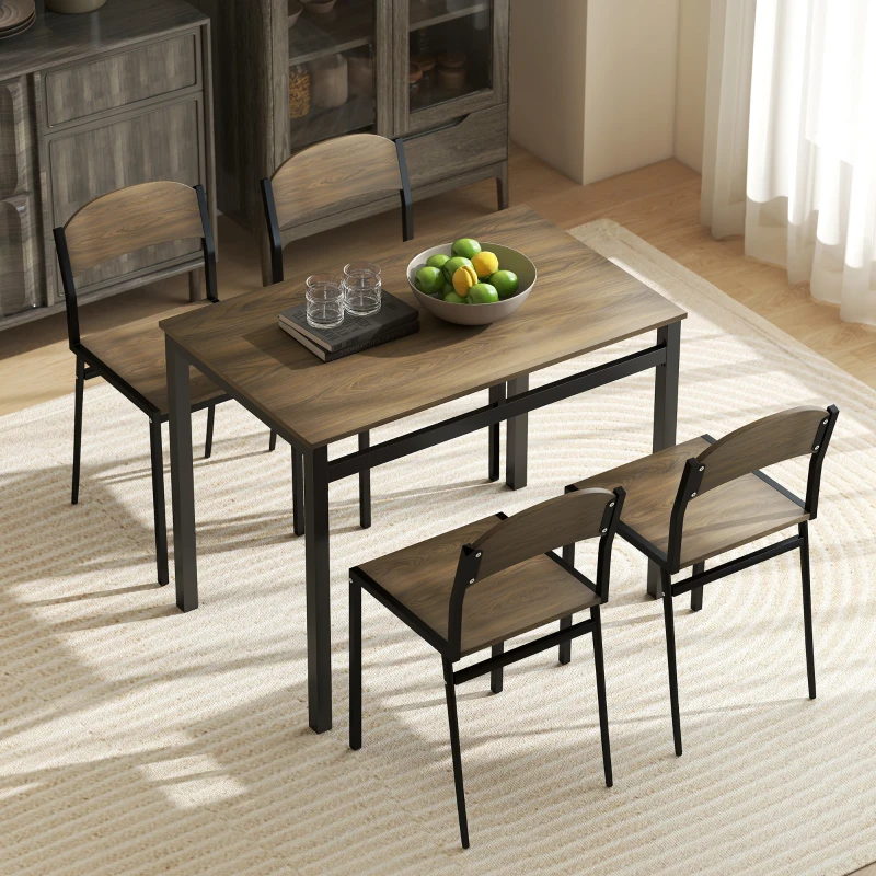 HOMCOM Conjunto de Mesa y 4 Sillas de Comedor para 4 Personas, Estilo Moderno con Estructura Metálica, Marrón Oscuro y Negro