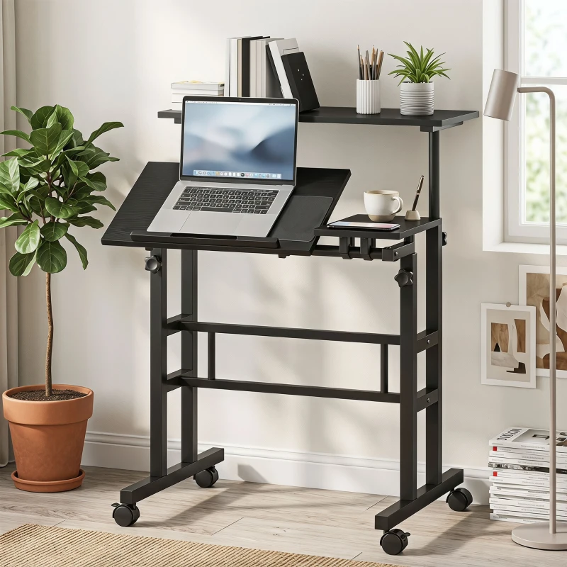 HOMCOM Bureau assis debout bureau réglable en hauteur 70 x 60 cm à roulettes avec plateau inclinable cadre en métal noir