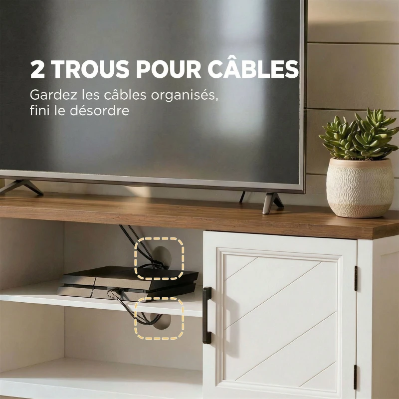 HOMCOM Meuble TV 140 cm, meuble télé pour téléviseur jusqu'à 65 pouces avec 2 portes, 2 compartiments ouverts, blanc et marron