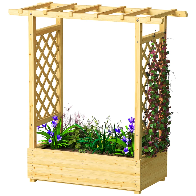 Outsunny Jardinière surélevée avec treillis latéral et supérieur, bac à fleurs trous de drainage, 110x44x113cm, bois naturel