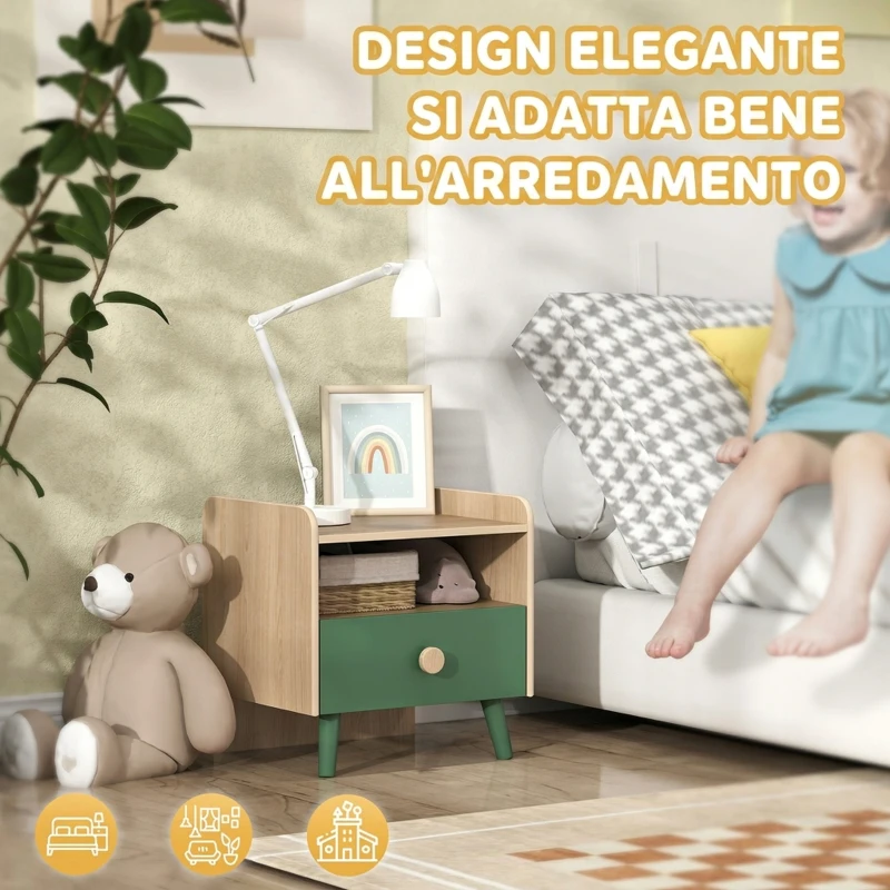 AIYAPLAY Comodino con Cassetto per Bambini 3-10 Anni in Legno e Legno di Pino, 40x32.5x40 cm, Verde