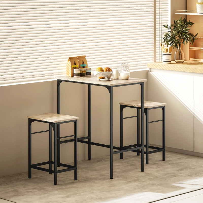 HOMCOM Arredamento Bar 3 Pezzi con Tavolo da Cucina e 2 Sgabelli da Bar in Legno e Acciaio, color Legno e Nero