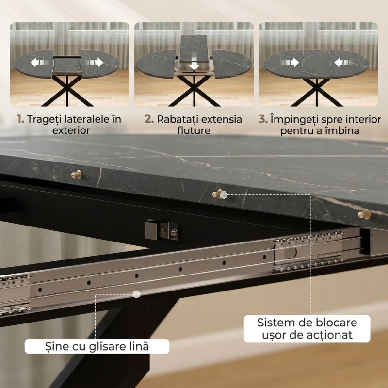HOMCOM Masă de Sufragerie Extensibilă pentru 4-6 Persoane cu Picior în Formă de X, Negru