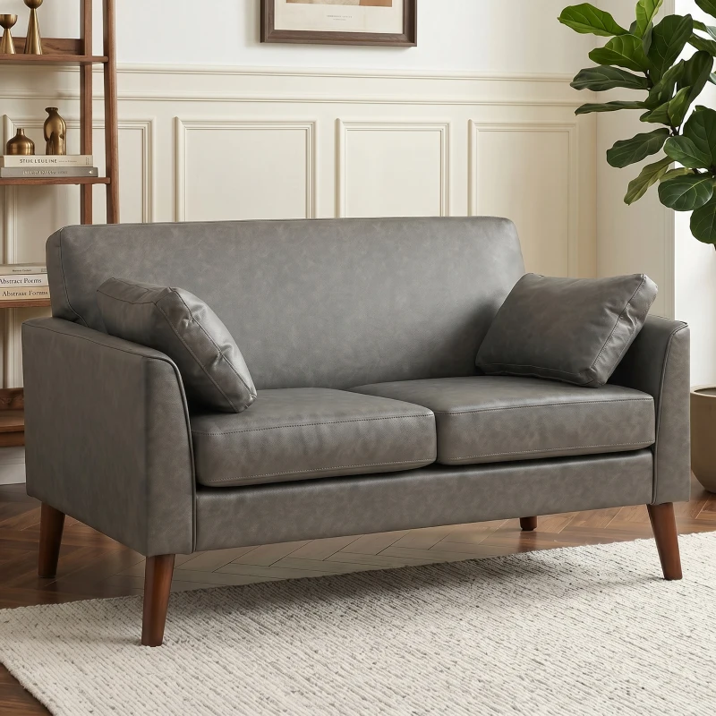 HOMCOM 2 Seater Sofa, 132 cm Modern Small Sofa with Solid Wood Legs and 2 Pillows for Small Space, Grey