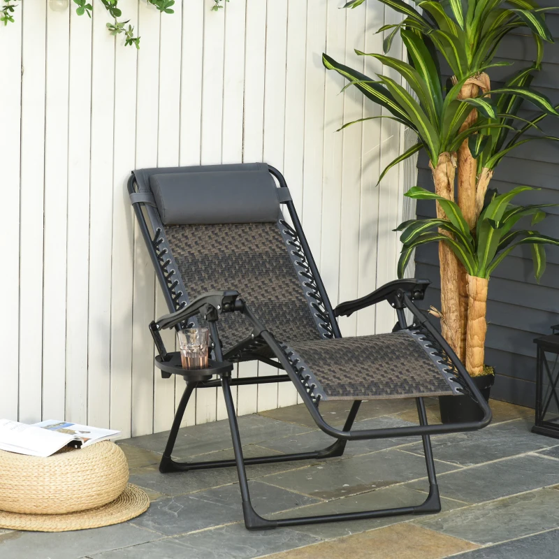 Outsunny Chaise longue pliable de jardin zéro gravité plateau porte gobelet accessoires tétière acier résine tressée gris