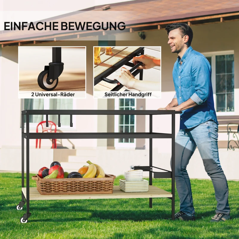 Outsunny serveerwagen, barbecuewagen met 2 planken en haken voor tuin en balkon