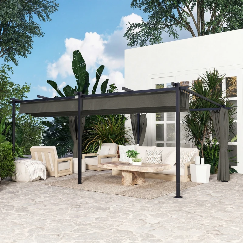 Outsunny Pergola rétractable avec rideaux latéraux, tonnelle de jardin en métal avec protection solaire UPF30+, gris foncé