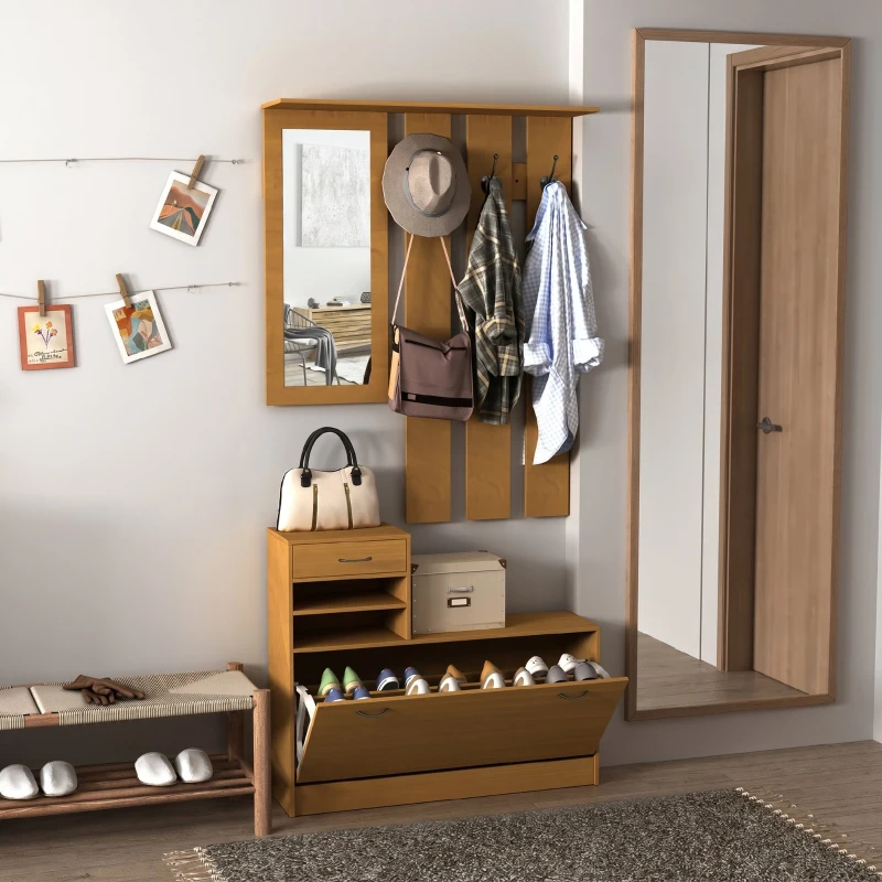 HOMCOM Recibidor de Entrada con Espejo Perchero y Zapatero Mueble de Recibidor de 2 Piezas con 6 Ganchos Estantes y Cajón Abatible para Pasillo Madera Marrón